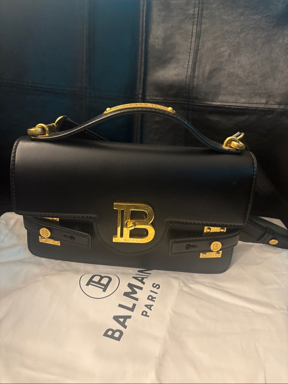 Balmain Black Leather Top Handle Bag with Gold 'B' Accent